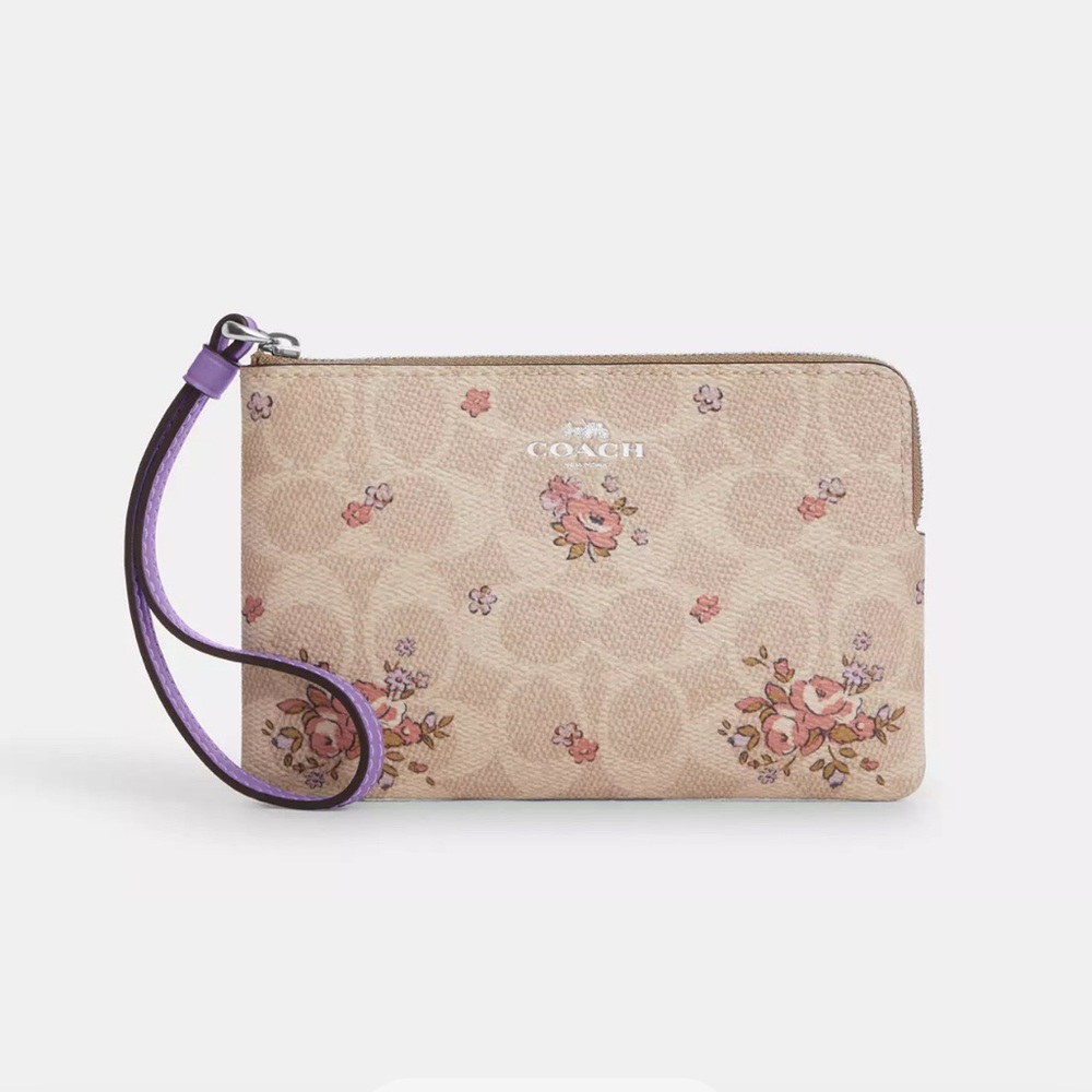 New Corner Zip Wristlet In Signature Canvas With Floral Print